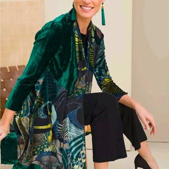 Chico’s Traveler’s Emerald Green Peacock Velvet Burnout Duster Boho Festival - Picture 2 of 9